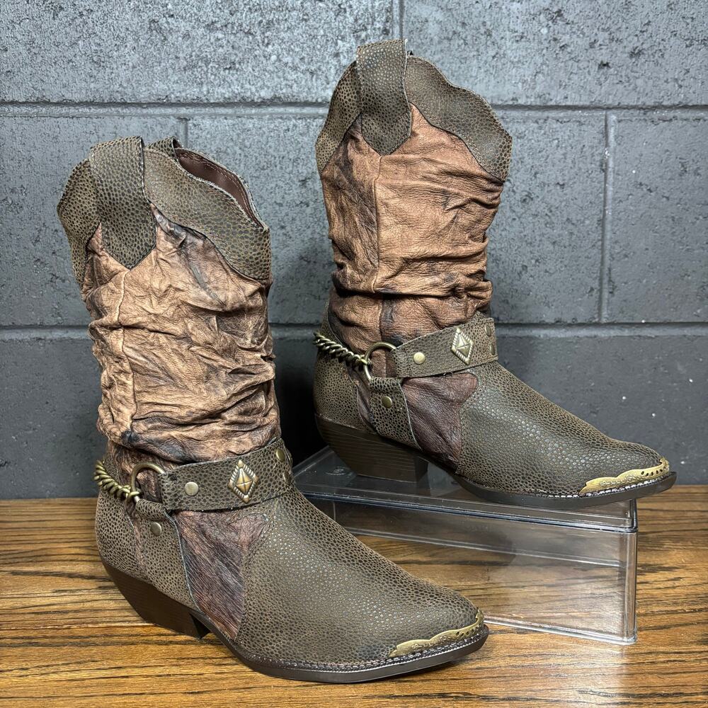 The Leather Collection Western Cowboy Boots Brown Slouch Chain Harness Size 6.5